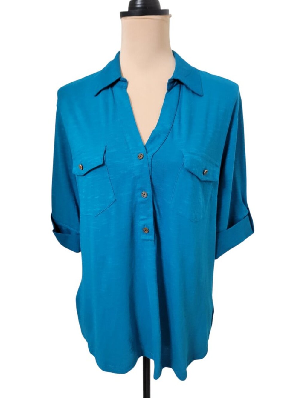 Cathy Size L Blue Popover Shirt NEW with Tags